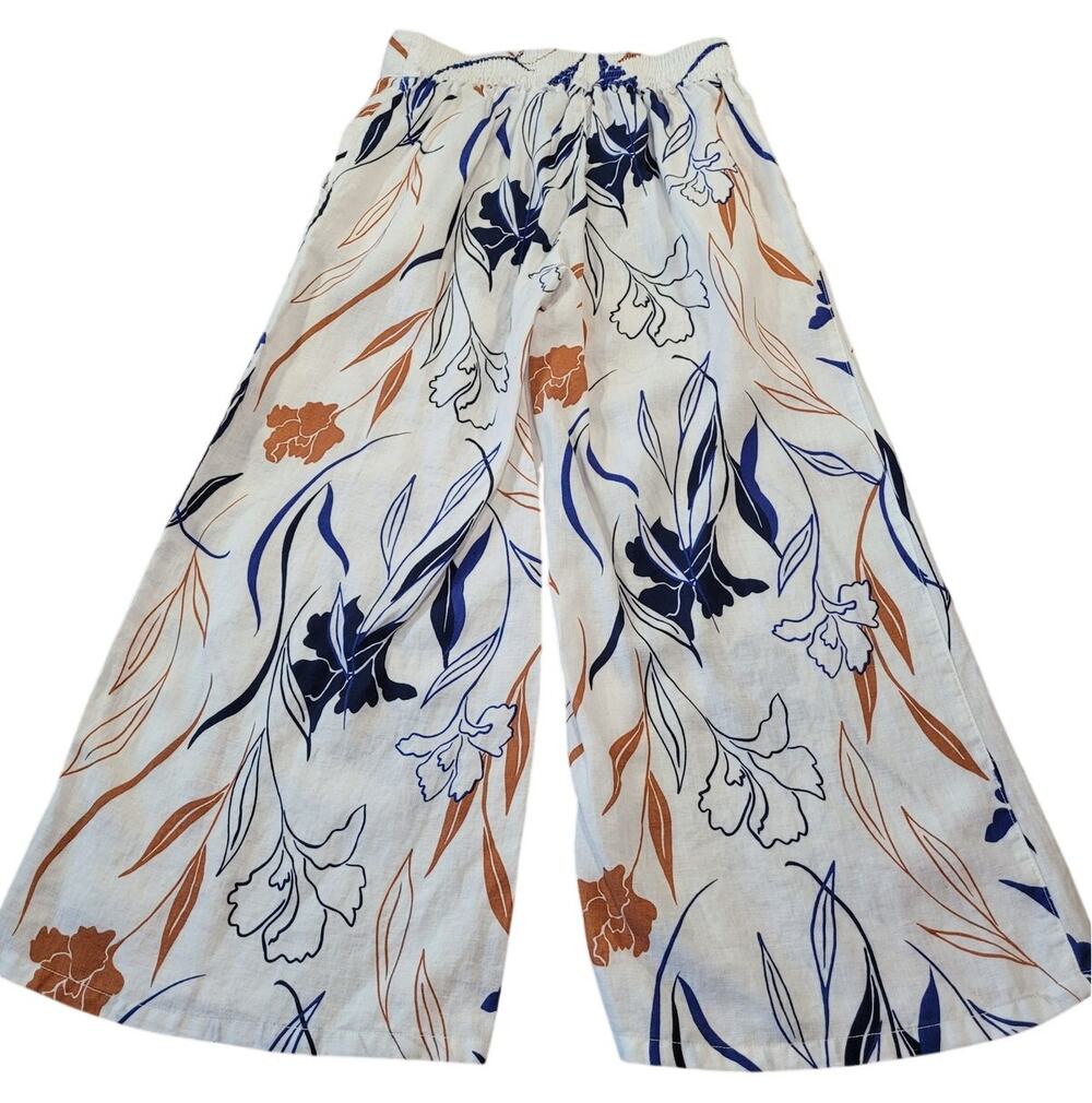 Rachel Roy Linen Pull On Pants XS Wide Leg White Floral Resort Vacation Natural